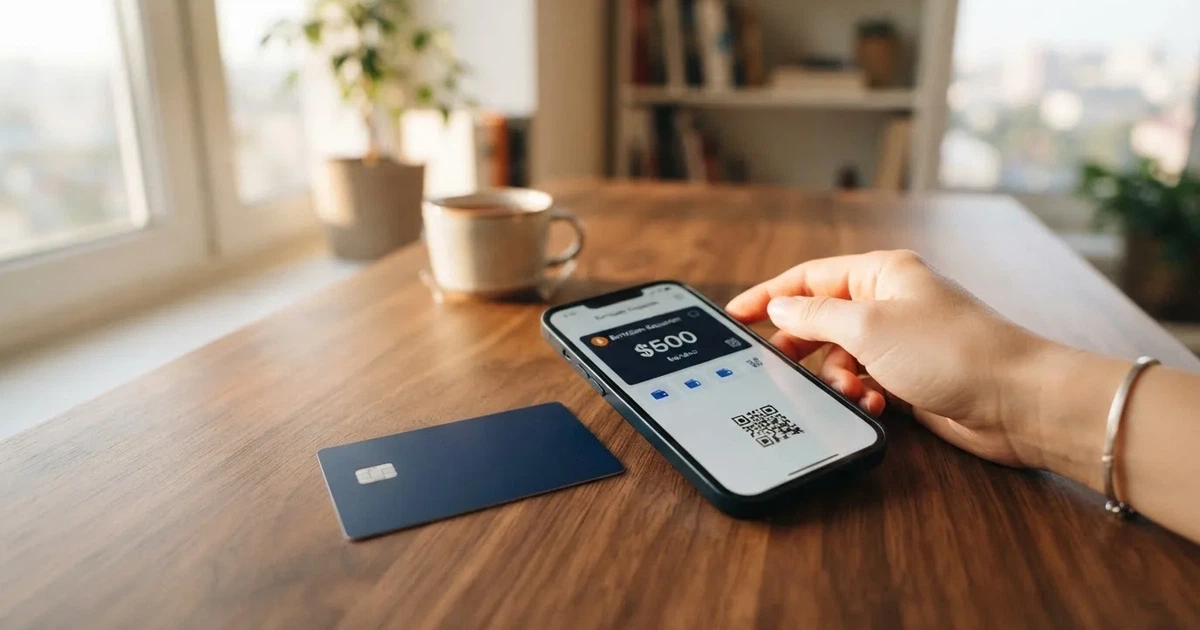 Платёжная карта рядом с телефоном, на экране криптокошелёк